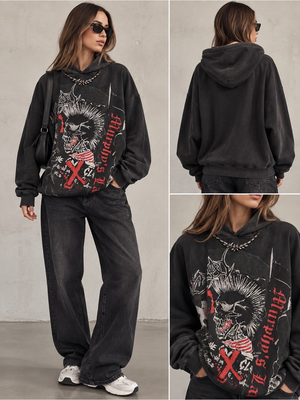 The Kooples Black Graphic Punk Skull Hoodie with Red Accents